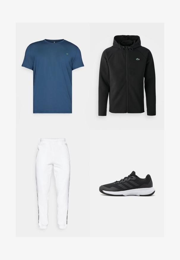 Juodas gobtuvinė striukė, pagaminta iš minkštos, tamprios medžiagos. Su priekiniais užtrauktukais, šoniniais kišenėmis ir mažu žaliu Lacoste logotipu ant krūtinės.; Mėlyna trumpas rankovėmis džinsinė marškinė, pagaminta iš minkštos medžiagos. Turi apvalų iškirpimą ir mažą žalią logotipą kairėje krūtinės pusėje. Lygus paviršius, laisvas kirpimas.; Baltos sportinės kelnės su elastinga juosmena, turinčios juodas šonines juosteles ir rankogalius. Pagamintos iš minkštos medžiagos su lygia tekstūra.; Juodas sportinis batelis su tekstūruota viršutine dalimi, trimis horizontaliomis juostelėmis ir baltu padu su raštuotu protektoriumi. Lengvas ir aerodinamiškas dizainas.