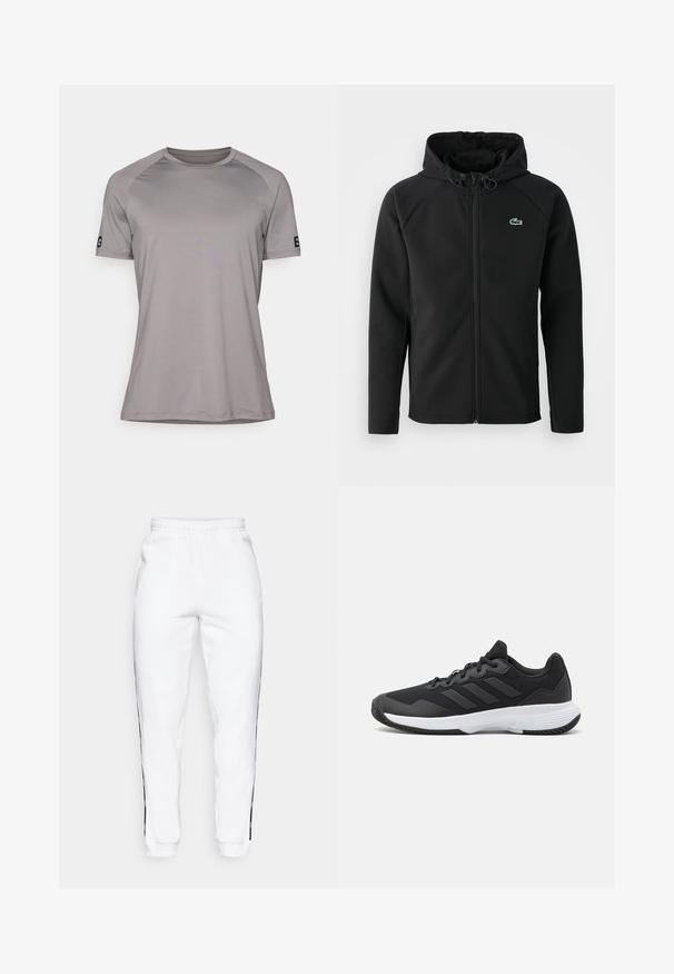 Čierna kapucňová bunda vyrobená z mäkkého a elastického materiálu. Má predný zips, bočné vrecká a malé zelené logo Lacoste na hrudi.; Sivý krátky rukávový tričko s okrúhlym výstrihom, vyrobené z hladkej, ľahkej tkaniny. Obsahuje logo na ľavom rukáve.; Biele teplákové nohavice s elastickým pásom, s čiernymi bočnými pruhmi a manžetami. Vyrobené z mäkkej tkaniny s hladkým povrchom.; Čierna atletická topánka s textúrovaným zvrškom, s tromi horizontálnymi pruhmi a bielou podrážkou s vzorovaným profilom. Ľahký a aerodynamický dizajn.