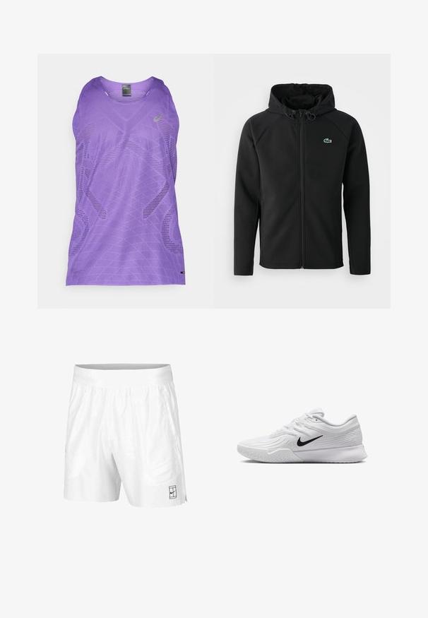 Juodas gobtuvinė striukė, pagaminta iš minkštos, tamprios medžiagos. Su priekiniais užtrauktukais, šoniniais kišenėmis ir mažu žaliu Lacoste logotipu ant krūtinės.; Violet sportinė maikutė su geometriniu raštu, V formos iškirpte ir kvėpuojančia tinkline tekstūra. Priekyje yra mažas logotipas.; Balti sportiniai šortai, pagaminti iš lengvos medžiagos, su elastinga juosta, su dviem šoninėmis kišenėmis ir mažu juodu logotipu ant apatinio krašto.; Baltas sportinis batas su tekstūruota tinkleliu, juodu Nike swoosh logotipu, paminkštintu apvadu ir guminėmis pado detalėmis su protektoriumi.