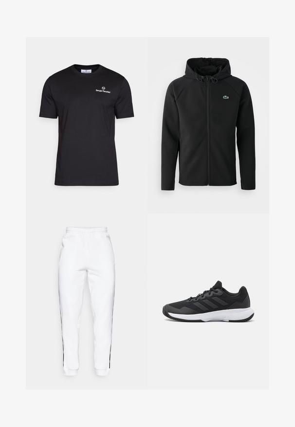 Chaqueta negra con capucha, hecha de una tela suave y elástica. Presenta un zipper frontal, bolsillos laterales y un pequeño logo verde de Lacoste en el pecho.; Sergio Tacchini BOLD - Camiseta básica - black/white; Pantalones de chándal blancos con cintura elástica, que cuentan con franjas laterales negras y puños. Hechos de un tejido suave con una textura lisa.; Zapatilla deportiva negra con una parte superior texturizada, tres franjas horizontales y una suela blanca con un dibujo en su superficie. Diseño ligero y aerodinámico.