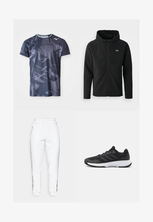 Fekete kapucnis dzseki, puha, rugalmas anyagból készült. Elöl cipzáros, oldalsó zsebekkel rendelkezik, és egy kisebb, zöld Lacoste logó található a mellrészen.; Sport póló könnyű anyagból, sötétszürke alapszínnel, absztrakt világosszürke geometriai mintázattal és kerek nyakkivágással.; Fehér melegítőnadrág, gumis derekkal, fekete oldalsávokkal és szegőkkel. Puha anyagból készült, sima tapintású.; Fekete sportcipő, amely texturált felsőrésszel, három vízszintes csíkkal és mintázott talppal ellátott fehér talppal rendelkezik. Könnyű és áramvonalas dizájn.