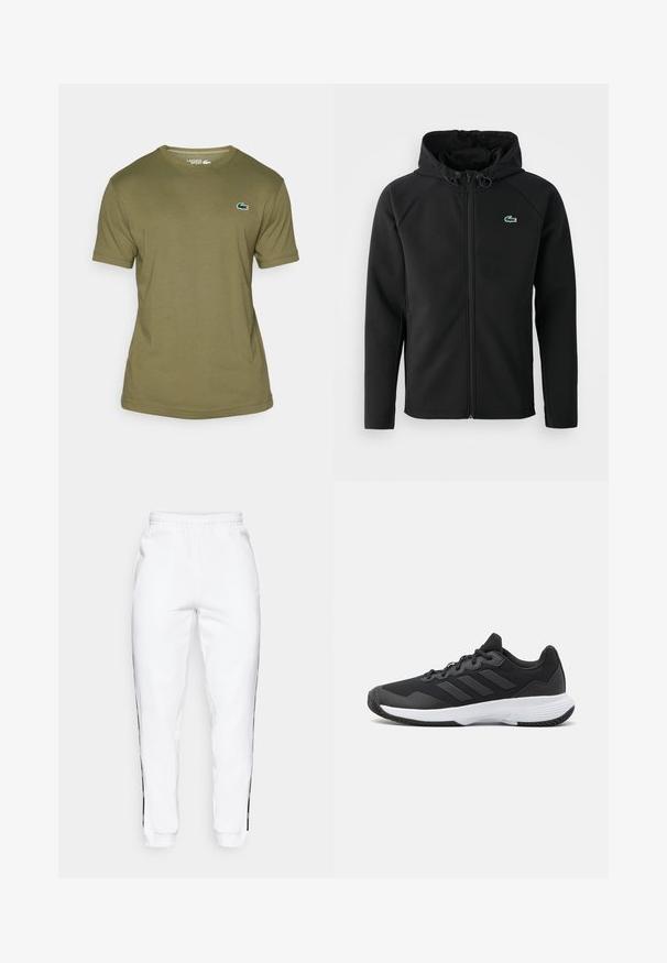 Svart hettejakke laget av myk, elastisk stoff. Har frontglidning, sidelommer og en liten grønn Lacoste-logo på brystet.; Olivengrønn kortermet T-skjorte laget av bomull, med rund halslinning og en liten grønn og rød Lacoste-logo på brystet.; Hvite joggebukser med elastisk midje, med svarte sidestriper og mansjetter. Laget av myk stoff med en glatt tekstur.; Svart idrettssko med teksturert overdel, tre horisontale striper, og en hvit såle med mønstret gummibunn. Lettvekts og strømlinjeformet design.