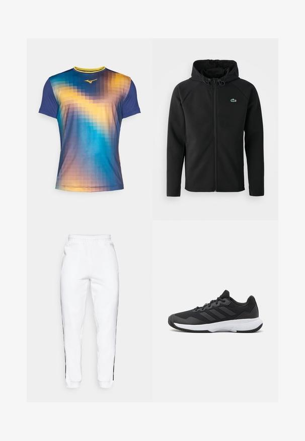 Chaqueta negra con capucha, hecha de una tela suave y elástica. Presenta un zipper frontal, bolsillos laterales y un pequeño logo verde de Lacoste en el pecho.; Camiseta deportiva de manga corta en un degradado de azul, naranja y amarillo, con un patrón pixelado y un escote redondo con un ribete en contraste.; Pantalones de chándal blancos con cintura elástica, que cuentan con franjas laterales negras y puños. Hechos de un tejido suave con una textura lisa.; Zapatilla deportiva negra con una parte superior texturizada, tres franjas horizontales y una suela blanca con un dibujo en su superficie. Diseño ligero y aerodinámico.