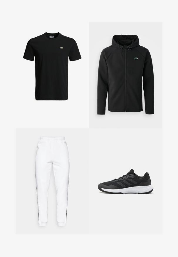 Svart huva jacka, gjord av mjukt, stretchigt tyg. Har en framsida dragkedja, sidofickor och en liten grön Lacoste-logotyp på bröstet.; Svart bomull t-shirt med rundad halsringning, korta ärmar och en liten grön krokodil-logotyp på vänster bröst. Slät textur, avslappnad design.; Vita gymbyxor med elastisk midja, med svarta sidostippar och muddar. Tillverkade av mjukt material med en slät yta.; Svart idrottssko med en texturerad ovandel, tre horisontella ränder och en vit sula med ett mönstrat grepp. Lätt och strömlinjeformad design.