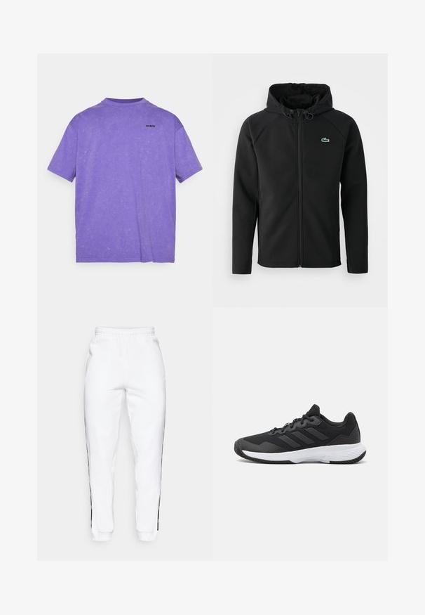 Melnas kapuces jaka, izgatavota no mīksta, stiepjama auduma. Tai ir priekšējais rāvējslēdzis, sānu kabatas un neliels zaļš Lacoste logo krūtīs.; Under Armour LOGO WASH - Pamata T-krekls - lavish/white; Baltas sporta bikses ar elastīgu jostasvietu, ar melniem sānu svītrām un aprocēm. Izgatavotas no mīksta auduma ar gludu tekstūru.; Melna sporta apavi ar teksturētu virsu, trim horizontālām svītrām un baltu zoli ar rakstainu protektoru. Viegls un plūstošs dizains.