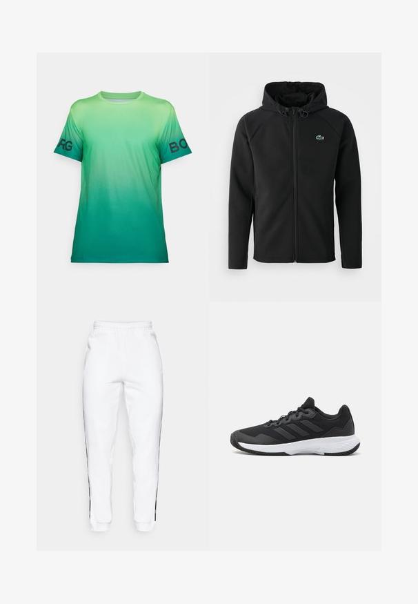 Musta huppari, joka on valmistettu pehmeästä ja joustavasta kankaasta. Siinä on edessä vetoketju, sivutaskut ja pieni vihreä Lacoste-logo rinnassa.; Vihreä gradientti t-paita kevyestä kankaasta. Lyhyet hihat, joissa musta "BORG" -painatus vasemmassa hihassa, pyöreä kaula-aukko, sileä pinta.; Valkoiset collegehousut, joissa on joustava vyötärö ja mustat sivuraidat sekä hihansuut. Ne ovat valmistettu pehmeästä kankaasta, jolla on sileä pinta.; Musta urheilukenkä, jossa on teksturoidut päälliset, kolme vaakasuoraa raitaa ja valkoinen pohja, jossa on kuvioitu kulutuspinta. Kevyt ja virtaviivainen muotoilu.
