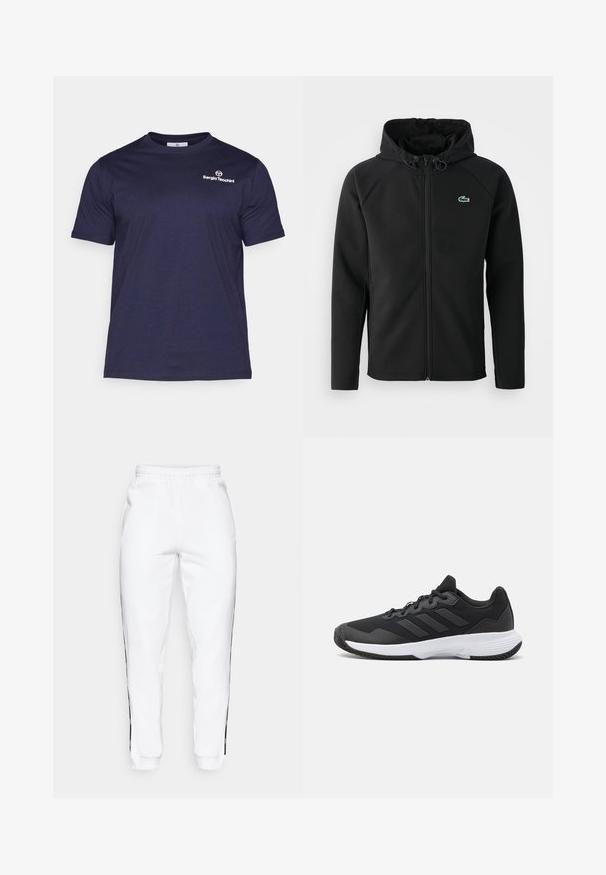 Melnas kapuces jaka, izgatavota no mīksta, stiepjama auduma. Tai ir priekšējais rāvējslēdzis, sānu kabatas un neliels zaļš Lacoste logo krūtīs.; Sergio Tacchini BOLD - Pamata T-krekls - navy/white; Baltas sporta bikses ar elastīgu jostasvietu, ar melniem sānu svītrām un aprocēm. Izgatavotas no mīksta auduma ar gludu tekstūru.; Melna sporta apavi ar teksturētu virsu, trim horizontālām svītrām un baltu zoli ar rakstainu protektoru. Viegls un plūstošs dizains.