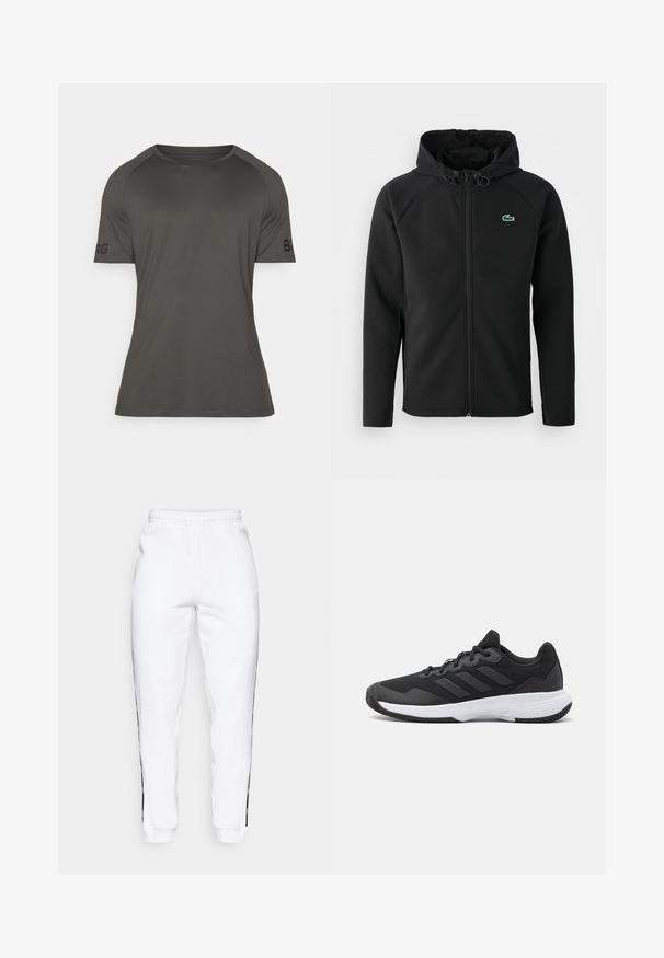 Melnas kapuces jaka, izgatavota no mīksta, stiepjama auduma. Tai ir priekšējais rāvējslēdzis, sānu kabatas un neliels zaļš Lacoste logo krūtīs.; Tumši pelēks sporta krekls ar īsām piedurknēm, apaļu izgriezumu, gludu audumu un logo detalizāciju kreisajā piedurknē. Viegls un pieguļošs dizains.; Baltas sporta bikses ar elastīgu jostasvietu, ar melniem sānu svītrām un aprocēm. Izgatavotas no mīksta auduma ar gludu tekstūru.; Melna sporta apavi ar teksturētu virsu, trim horizontālām svītrām un baltu zoli ar rakstainu protektoru. Viegls un plūstošs dizains.