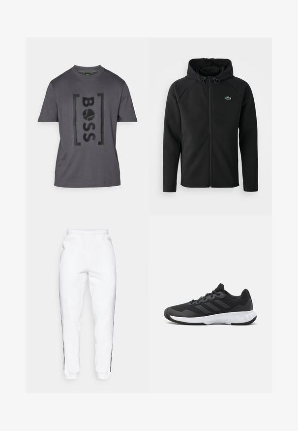 Svart hettejakke laget av myk, elastisk stoff. Har frontglidning, sidelommer og en liten grønn Lacoste-logo på brystet.; Grå bomulls t-skjorte med en strukturert "BOSS" logo i svart. Korte ermer, rund hals, og mykt stoff med en subtil glans.; Hvite joggebukser med elastisk midje, med svarte sidestriper og mansjetter. Laget av myk stoff med en glatt tekstur.; Svart idrettssko med teksturert overdel, tre horisontale striper, og en hvit såle med mønstret gummibunn. Lettvekts og strømlinjeformet design.