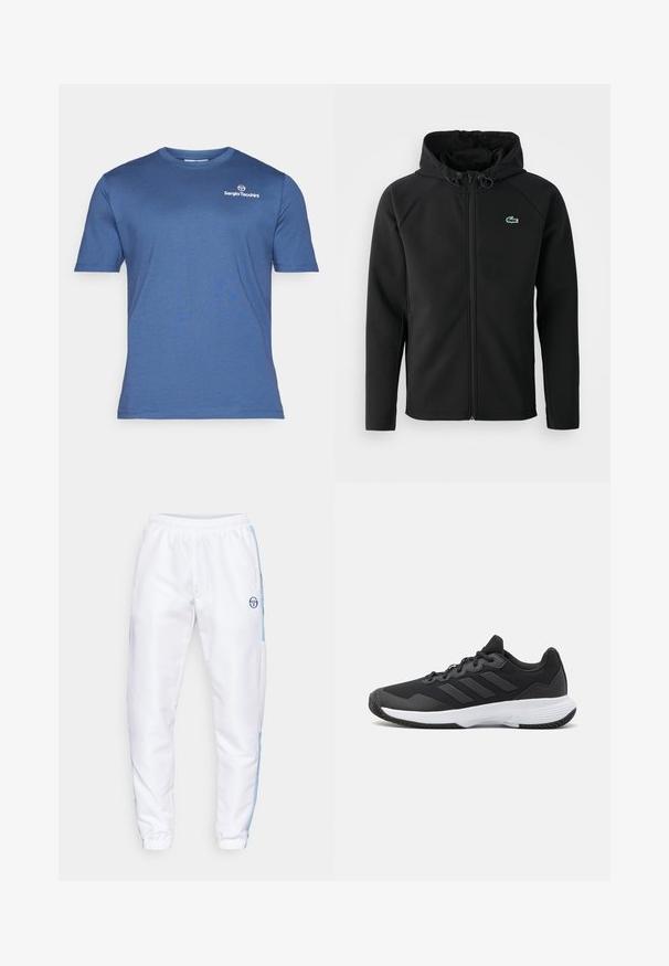 Čierna kapucňová bunda vyrobená z mäkkého a elastického materiálu. Má predný zips, bočné vrecká a malé zelené logo Lacoste na hrudi.; Modrá krátkotrvajúca tričko s hladkým materiálom. Obsahuje klasický okrúhly výstrih a malé biele logo na hornej ľavej strane.; Biele športové nohavice s svetlomodrými bočnými panelmi, elastickým pásom a sťahovacími lemami. Na hornej ľavej strane sa nachádza logo. Hladká textúra.; Čierna atletická topánka s textúrovaným zvrškom, s tromi horizontálnymi pruhmi a bielou podrážkou s vzorovaným profilom. Ľahký a aerodynamický dizajn.