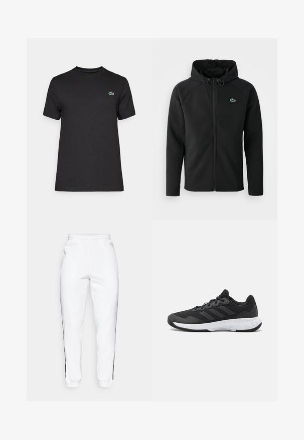Musta huppari, joka on valmistettu pehmeästä ja joustavasta kankaasta. Siinä on edessä vetoketju, sivutaskut ja pieni vihreä Lacoste-logo rinnassa.; Mustapaitainen puuvillapaita, jossa on pyöreä pääntie. Siinä on pieni vihreä krokotiililogo vasemmalla rinnassa. Lyhyet hihat ja normaali istuvuus.; Valkoiset collegehousut, joissa on joustava vyötärö ja mustat sivuraidat sekä hihansuut. Ne ovat valmistettu pehmeästä kankaasta, jolla on sileä pinta.; Musta urheilukenkä, jossa on teksturoidut päälliset, kolme vaakasuoraa raitaa ja valkoinen pohja, jossa on kuvioitu kulutuspinta. Kevyt ja virtaviivainen muotoilu.