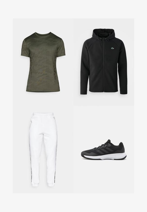 Svart hettejakke laget av myk, elastisk stoff. Har frontglidning, sidelommer og en liten grønn Lacoste-logo på brystet.; Oliven grønn t-skjorte med korte ermer, med et subtilt kamuflasjemønster. Laget av mykt stoff med rund hals og en tettsittende passform.; Hvite joggebukser med elastisk midje, med svarte sidestriper og mansjetter. Laget av myk stoff med en glatt tekstur.; Svart idrettssko med teksturert overdel, tre horisontale striper, og en hvit såle med mønstret gummibunn. Lettvekts og strømlinjeformet design.