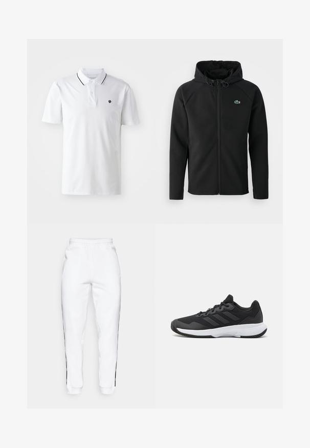 Černá kapucová bunda vyrobená z měkké, elastické látky. Má přední zip, boční kapsy a malé zelené logo Lacoste na prsou.; Bílá polo košile s krátkými rukávy, dvoubotkovou légou a černým lemem na límci. Na hrudi je umístěno malé černé logo.; Bílé tepláky s elastickým pasem, zdobené černými bočními pruhy a manžetami. Vyrobené z měkké tkaniny s hladkým povrchem.; Černá sportovní obuv s texturovaným svrškem, třemi vodorovnými pruhy a bílou podrážkou s vzorovaným profilem. Lehký a aerodynamický design.