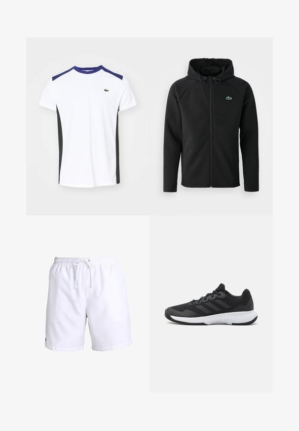 Μαύρο φούτερ με κουκούλα, κατασκευασμένο από μαλακό, ελαστικό ύφασμα. Διαθέτει μπροστινό φερμουάρ, πλαϊνές τσέπες και ένα μικρό πράσινο λογότυπο Lacoste στο στήθος.; Λευκό αθλητικό μπλουζάκι με μωβ χρώμα στους ώμους και μαύρες πλευρές. Περιέχει ένα μικρό πράσινο λογότυπο στο στήθος. Φτιαγμένο από αναπνεύσιμο ύφασμα.; Λευκά μαγιό με ελαστική μέση και κορδόνι. Φτιαγμένα από ελαφρύ υλικό με απαλή υφή. Χωρίς σχέδια ή διακοσμητικά στοιχεία.; Μαύρο αθλητικό παπούτσι με υφασμάτινη επιφάνεια, τρεις οριζόντιες ρίγες και λευκή σόλα με μοτίβο. Ελαφρύ και μοντέρνο σχέδιο.