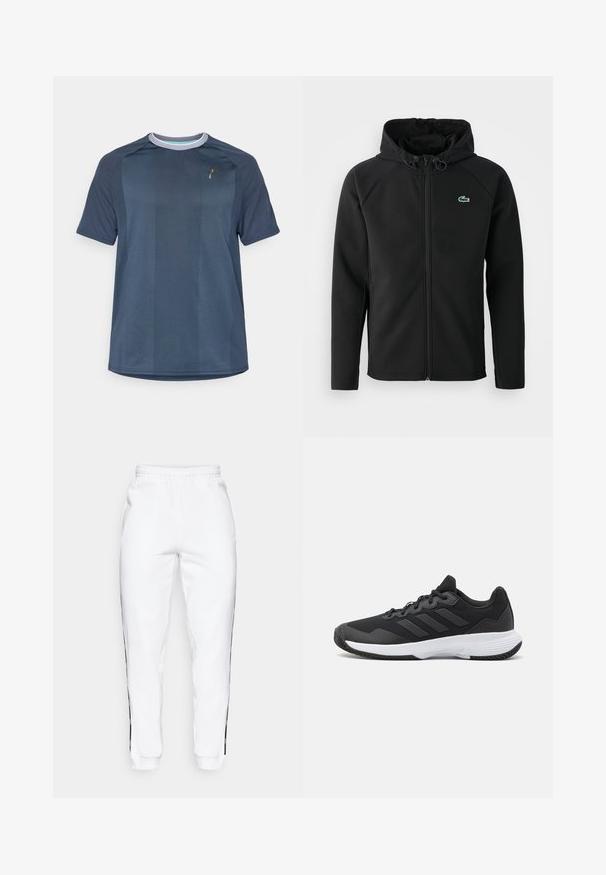 Must mustaga jope, mis on valmistatud pehmest ja venivast kangast. Omab eesmist tõmblukku, küljetaskut ning väikest roheline Lacoste logo rinnal.; Lühikeste varrukatega sportlik särk tumehalli värviga, valmistatud tekstuuriga kangast. Omab kontrastset kraed ja diskreetset logo detaili rindkere piirkonnas.; Valged dressipüksid elastse vöökoha ja mustade külgtriipudega. Valmistatud pehmest kangast, millel on sile tekstuur.; Must värvi sportlik king, millel on tekstuuriga pealispind, kolm horisontaalset triipu ja valge põhi mustriga tallaga. Kerge ja voolujooneline disain.