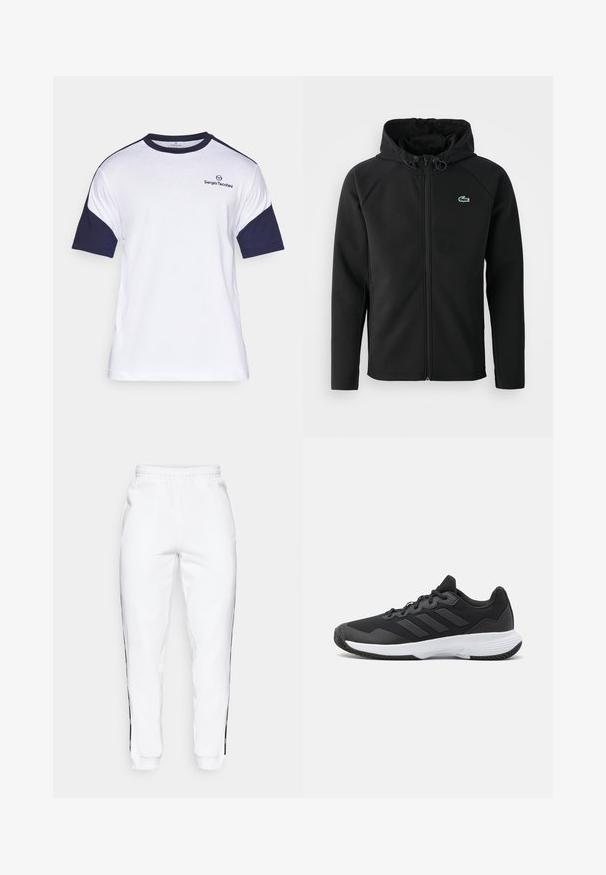Jachetă neagră cu glugă, fabricată dintr-un material moale și elastic. Are un fermoar frontal, buzunare laterale și un mic logo verde Lacoste pe piept.; Tricou alb din bumbac cu mâneci scurte bleumarin, cu guler rotund și un mic logo pe piept. Textură moale, design casual.; Pantaloni de trening albi cu talie elastică, având dungi laterale negre și manșete. Realizați dintr-un material moale cu o textură netedă.; Pantofii sport negri au un material superior texturat, trei dungi orizontale și o talpă albă cu un profil căptușit. Au un design ușor și aerodinamic.
