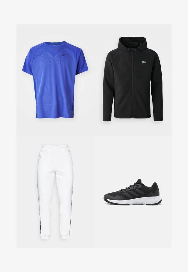 Fekete kapucnis dzseki, puha, rugalmas anyagból készült. Elöl cipzáros, oldalsó zsebekkel rendelkezik, és egy kisebb, zöld Lacoste logó található a mellrészen.; ASICS MATCH - Sportfelső - dark blue; Fehér melegítőnadrág, gumis derekkal, fekete oldalsávokkal és szegőkkel. Puha anyagból készült, sima tapintású.; Fekete sportcipő, amely texturált felsőrésszel, három vízszintes csíkkal és mintázott talppal ellátott fehér talppal rendelkezik. Könnyű és áramvonalas dizájn.