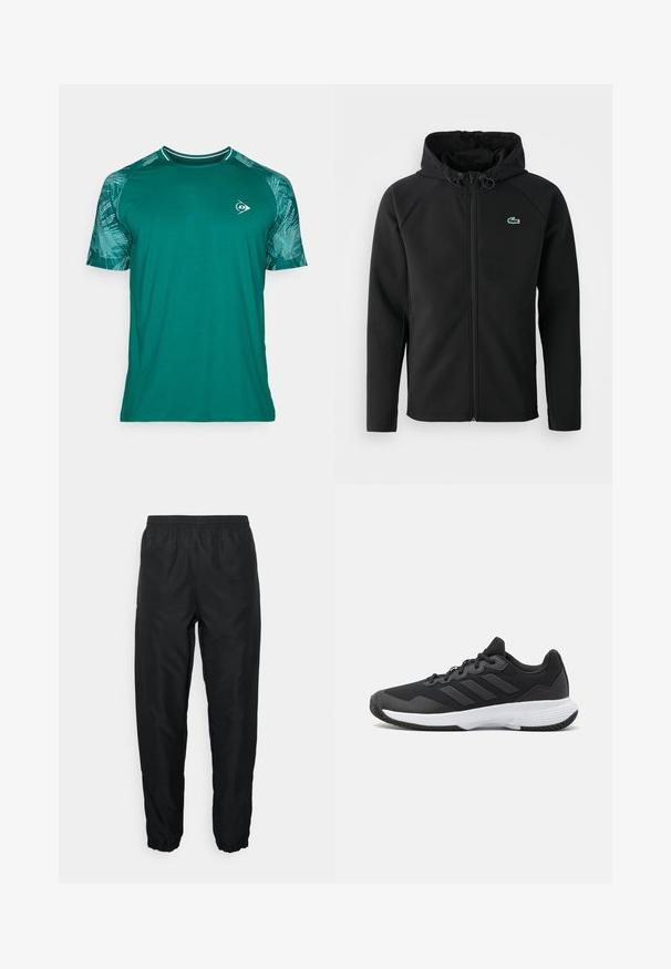 Černá kapucová bunda vyrobená z měkké, elastické látky. Má přední zip, boční kapsy a malé zelené logo Lacoste na prsou.; Tyrkysové sportovní tričko s krátkým rukávem. Má texturovaný grafický vzor na rukávech, kulatý výstřih a logo na hrudi.; Černé sportovní kalhoty vyrobené z lehkého materiálu s elastickým pasem a manžetami, s hladkým povrchem a minimálním brandingem.; Černá sportovní obuv s texturovaným svrškem, třemi vodorovnými pruhy a bílou podrážkou s vzorovaným profilem. Lehký a aerodynamický design.