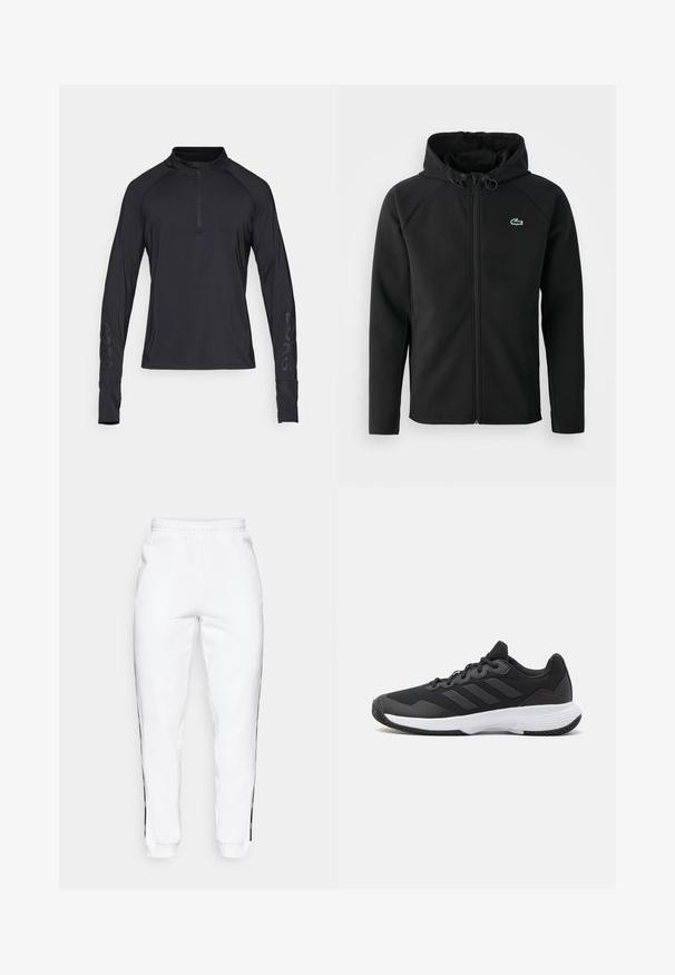 Juodas gobtuvinė striukė, pagaminta iš minkštos, tamprios medžiagos. Su priekiniais užtrauktukais, šoniniais kišenėmis ir mažu žaliu Lacoste logotipu ant krūtinės.; Juoda ilgomis rankovėmis sportinė apranga su ketvirčio užtrauktuku ir raglan rankovėmis, su subtiliu logotipu kairėje rankovėje. Sklandus, lengvas audinys.; Baltos sportinės kelnės su elastinga juosmena, turinčios juodas šonines juosteles ir rankogalius. Pagamintos iš minkštos medžiagos su lygia tekstūra.; Juodas sportinis batelis su tekstūruota viršutine dalimi, trimis horizontaliomis juostelėmis ir baltu padu su raštuotu protektoriumi. Lengvas ir aerodinamiškas dizainas.
