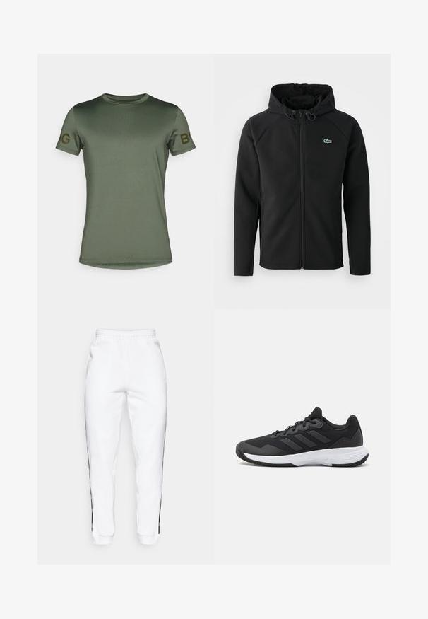 Svart hettejakke laget av myk, elastisk stoff. Har frontglidning, sidelommer og en liten grønn Lacoste-logo på brystet.; Oliven grønn kortermet t-skjorte i glatt, lett stoff. Har rund hals og "B"-logo på venstre erme i en kontrastfarge.; Hvite joggebukser med elastisk midje, med svarte sidestriper og mansjetter. Laget av myk stoff med en glatt tekstur.; Svart idrettssko med teksturert overdel, tre horisontale striper, og en hvit såle med mønstret gummibunn. Lettvekts og strømlinjeformet design.