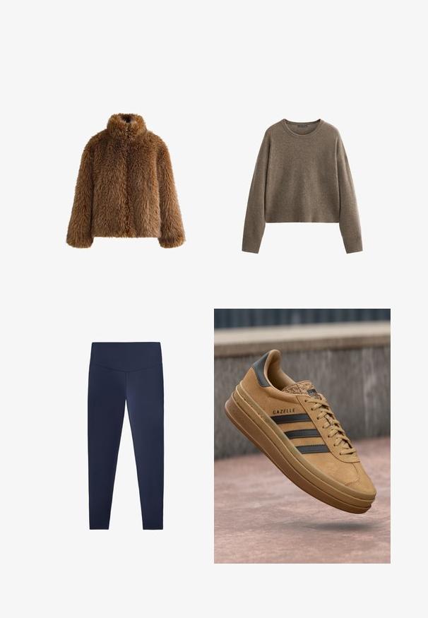 Rjava bunda iz umetnega krzna z visokim ovratnikom in dolgimi rokavi. Gost tekstura, zaobljena oblika in detajl zapiranja spredaj.; Rjav skrajšan pulover iz mehkega materiala, z okroglim izrezom ter rebrastimi manšetami in robom. Preprost, teksturiran dizajn z dolgimi rokavi.; Temno modre leggins hlače iz raztegljivega, gladkega materiala z visokim pasom. Oblikovane so tako, da se tesno prilegajo in segajo do gležnjev.; Svetlo rjave semiš teniske z gladko teksturo, ki imajo tri temne črte, zaobljen nos in debelejši podplat s vzorčastim robom.