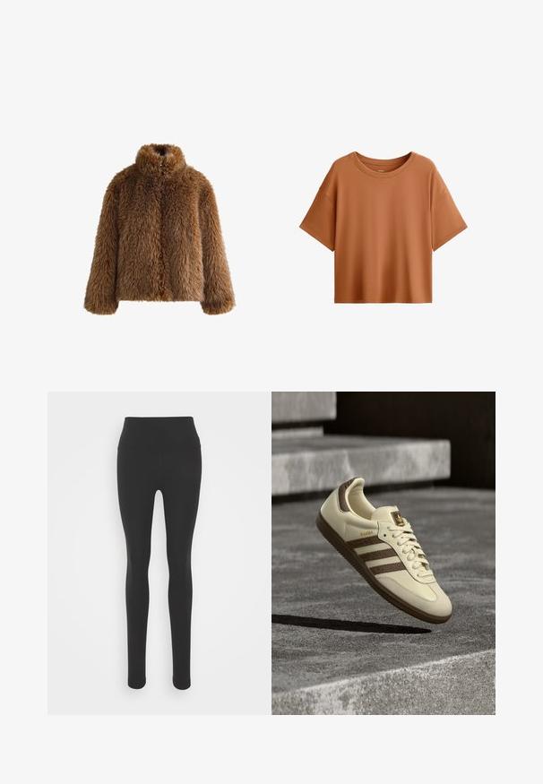 Brązowa kurtka z futerka ekologicznego z wysokim kołnierzem i długimi rękawami. Gęsta tekstura, zaokrąglony kształt oraz detal zapięcia z przodu.; T-shirt z krótkim rękawem o pudełkowym kroju w kolorze rdzy. Wykonany z gładkiego materiału, z szerokim dekoltem i luźnym fasonem, z czystym wykończeniem. ; Czarne legginsy z wysokim stanem, wykonane z gładkiego, elastycznego materiału. Charakteryzują się dopasowanym krojem i pełną długością nogawek.; Kremowy tenisówka z brązowymi akcentami, teksturowanymi bocznymi paskami i gładkim wykończeniem ze skóry. Posiada sznurowanie i gumową podeszwę.