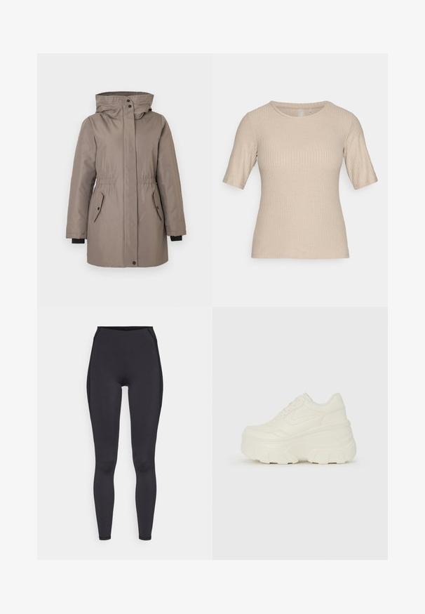 Világosbarna parka kapucnival, rugalmas derékrésszel, gombos záródással, két oldalsó zsebbel és fekete mandzsetta díszítéssel. Sima, texturált anyag.; Beige, bordázott, rövid ujjú felső kerek nyakkal és testhez simuló fazonnal, puha, rugalmas anyagból készült.; Fekete, magas derekú leggings rugalmas anyagból. Simának tűnő textúrával, karcsú szabással és diszkrét varrási részletekkel az oldalakon.; Fehér platform sportcipők, sima bőrszerű felsőrésszel, kerek formával, párnázott bokával és texturált gumitalppal, jól definiált mintázattal.