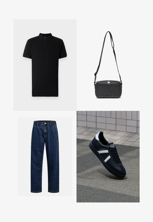 Čierny kabát z vlnenej zmesi s klopovým golierom, jednoprsťový gombíkový uzáver, dve predné vrecká a saténová podšívka.; Čierna polokošeľa vyrobená z bavlny, s golierom, zapínaním na dva gombíky a krátkymi rukávmi. Minimalistický dizajn s jemným logom.; Tmavo modré džínsy s rovnými nohavicami. Obsahujú viditeľné švy, zapínanie na gombík a predné skladanie pre zvýraznenie detailov.; Čierne kožené tenisky s bielymi pruhmi, textúrovanou gumovou podrážkou a šnurovaním vpredu. Obsahujú označenie značky na jazyku.; Čierna kožená crossbody taška so zipsom, s embosovaným logom na prednej strane a nastaviteľným popruhom. Hladká textura a obdlžníkový tvar.