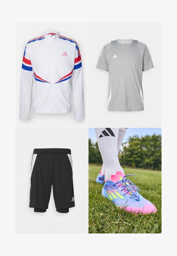 Valkoinen vetoketjullinen takki, jossa on punaiset ja siniset raidat hartioiden ja kylkien yli. Ominaisuuksiin kuuluu vaaleanpunainen logo rinnassa ja teksturoitu kangas.; Vaaleanharmaa urheilupaita lyhyillä hihoilla, jossa valkoisia yksityiskohtia ja Adidas-logo vasemmassa rinnassa. Valmistettu hengittävästä materiaalista.; Mustat urheilushortsit, kevyestä kankaasta, valkoisilla sivupaneeleilla, joustavalla vyötärönauhalla ja heijastavalla logo-yksityiskohdalla vasemmassa alareunassa.; Adidas jalkapallosandaalit sinisessä, vaaleanpunaisessa ja neonkeltaisessa värissä; teksturoitu synteettinen päällinen, kaareva muotoilu, litteät nauhat ja kartiomaiset nappulat paremman pidon saavuttamiseksi.