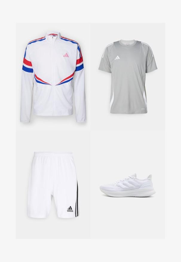 Chaqueta blanca con cremallera, con franjas rojas y azules a lo largo de los hombros y los laterales. Presenta un logo rosa en el pecho y una tela texturizada.; Camiseta deportiva de color gris claro con mangas cortas, con detalles en blanco y un logo de Adidas en el lado izquierdo del pecho. Fabricada con material transpirable.; Pantalones cortos deportivos blancos con cintura elástica, que presentan rayas laterales negras y un pequeño logotipo negro de Adidas cerca del dobladillo.; Zapatillas deportivas blancas con una parte superior de malla texturizada, suela acolchada y soporte, y un diseño de tres rayas en el lateral.