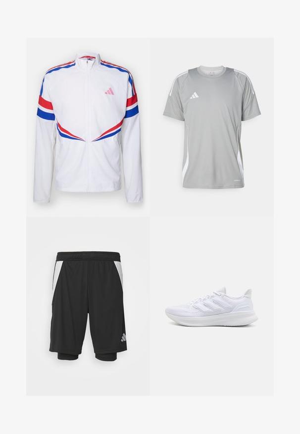 Giacca bianca con zip e strisce rosse e blu sulle spalle e sui lati. Presenta un logo rosa sul petto e un tessuto testurizzato.; T-shirt atletico grigio chiaro a maniche corte, con dettagli bianchi e logo Adidas sul lato sinistro del petto. Realizzato in materiale traspirante.; Shorts sportivi neri in un tessuto leggero, con pannelli laterali bianchi, vita elastica e un dettaglio riflettente del logo in basso a sinistra.; Scarpe sportive bianche con tomaia in mesh texturato, suola ammortizzata e supportiva, e design a tre strisce sul lato.