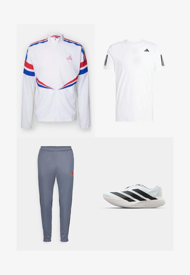 White zip-up jacket with red and blue stripes across the shoulders and sides. Features a pink logo on the chest and textured fabric.; White t-shirt made of fabric featuring short sleeves, crew neck, and three black diagonal stripes on each sleeve. Subtle logo on chest.; Gray athletic pants with a tapered fit, featuring black side panels and an orange Adidas logo on the upper right leg. Soft, stretchy material.; Lightweight running shoes in pale blue with black stripes. Features a smooth upper, round toe, and thick white midsole labeled "LIGHTSTRIKE PRO."