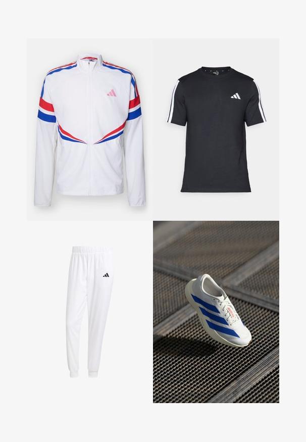 Hvid zip-up jakke med røde og blå striber over skuldrene og på siderne. Har et pink logo på brystet og tekstureret stof.; Sort T-shirt fremstillet af cotton med korte ærmer, udstyret med hvide striber på skuldrene og et hvidt logo på venstre bryst.; Hvide sportsbukser lavet af glat stof, med elastisk talje og tætsiddende manchetter, og med et sort logo på baglommen.; Hvid atletisk sko med blå striber, letvægtsdesign, mesh-overdel, snørelukning og tekstureret gummisål, svævende over en gitteroverflade.