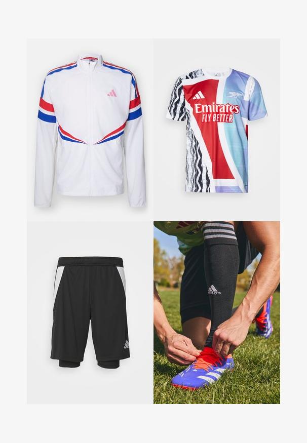 Valkoinen vetoketjullinen takki, jossa on punaiset ja siniset raidat hartioiden ja kylkien yli. Ominaisuuksiin kuuluu vaaleanpunainen logo rinnassa ja teksturoitu kangas.; Punainen ja sininen graafinen jalkapallopaita, jossa on valkoisia yksityiskohtia, abstrakteja kuvioita, "Emirates Fly Better" -brändäys ja Adidas-logo.; Mustat urheilushortsit, kevyestä kankaasta, valkoisilla sivupaneeleilla, joustavalla vyötärönauhalla ja heijastavalla logo-yksityiskohdalla vasemmassa alareunassa.; Sininen ja oranssi jalkapallosuikka, jossa valkoiset raidat, jota sitoo käsi. Mustat sukat, joissa on raidoitus, näkyvät nilkan yläpuolella. Vihreä nurmikko taustalla.
