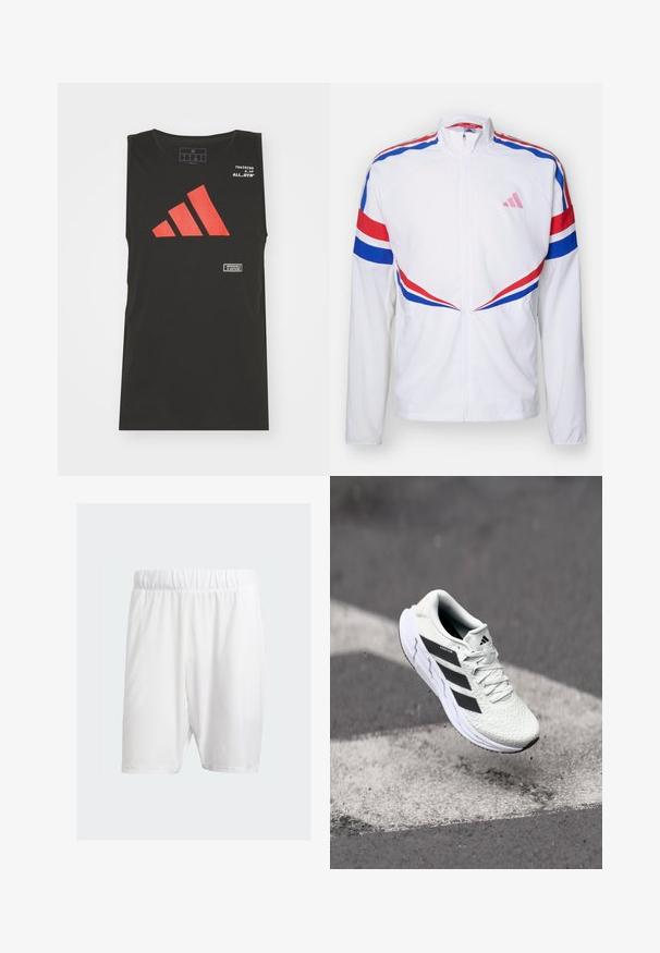 Bílá bunda na zip se červenými a modrými pruhy přes ramena a po stranách. Na hrudi má růžové logo a texturovanou látku.; adidas Performance ALL GYM CATEGORY GRAPHIC - Top - black; Bílé sportovní šortky vyrobené z lehkého materiálu, s elastickým pasem, hladkým povrchem a střihem ke kolenům.; Bílé sportovní boty s texturovanou síťovinou, černými pruhy, šněrováním a polstrovanou podrážkou, levitující nad vyznačeným povrchem silnice.