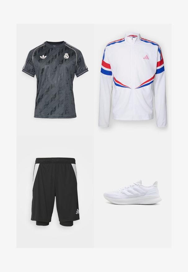 Bílá bunda na zip se červenými a modrými pruhy přes ramena a po stranách. Na hrudi má růžové logo a texturovanou látku.; Černý sportovní dres s texturovaným diagonálním vzorem, s logem Adidas a emblémem Real Madrid. Obsahuje šedé akcenty na límci a rukávech.; Černé sportovní šortky z lehkého materiálu, bílé boční panely, elastický pas a reflexní logo v dolním levém rohu.; Bílé sportovní boty s texturovaným síťovaným svrškem, podpůrnou polstrovanou podrážkou a třemi pruhy na boku.