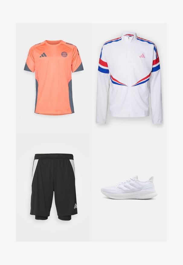 Bílá bunda na zip se červenými a modrými pruhy přes ramena a po stranách. Na hrudi má růžové logo a texturovanou látku.; Oranžový sportovní dres s šedými akcenty, krátkými rukávy, kulatým výstřihem a logem FC Bayern Mnichov na přední straně.; Černé sportovní šortky z lehkého materiálu, bílé boční panely, elastický pas a reflexní logo v dolním levém rohu.; Bílé sportovní boty s texturovaným síťovaným svrškem, podpůrnou polstrovanou podrážkou a třemi pruhy na boku.