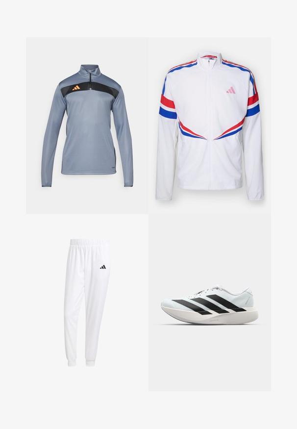 Chaqueta blanca con cremallera, con franjas rojas y azules a lo largo de los hombros y los laterales. Presenta un logo rosa en el pecho y una tela texturizada.; Sudadera atlética gris con media cremallera, panel negro en el pecho y logo de rayas naranjas. Textura suave y mangas largas.; Pantalones deportivos blancos de tela suave, con cinturilla elástica y puños ajustados, y un logo negro en el bolsillo trasero.; Zapatillas de running ligeras en azul pálido con rayas negras. Presentan una parte superior suave, puntera redonda y una gruesa mediasuela blanca etiquetada como "LIGHTSTRIKE PRO".