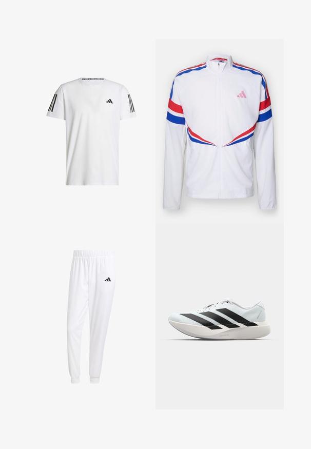 Biała kurtka na zamek z czerwonymi i niebieskimi paskami na ramionach i bokach. Posiada różowe logo na klatce piersiowej oraz teksturowany materiał.; Biała koszulka z krótkim rękawem, wykonana z oddychającego materiału, z czarnym trójkątnym logo i trzema czarnymi paskami na każdym ramieniu.; Białe sportowe spodnie z gładkiego materiału, z elastycznym pasem w talii i dopasowanymi mankietami, z czarnym logo na tylnej kieszeni.; Lekkie buty do biegania w jasnoniebieskim kolorze z czarnymi pasami. Posiadają gładką cholewkę, okrągły nosek oraz grubą białą podeszwę środkową oznaczoną "LIGHTSTRIKE PRO."