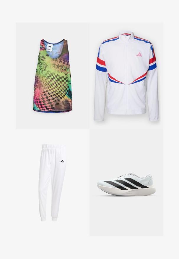 Valkoinen vetoketjullinen takki, jossa on punaiset ja siniset raidat hartioiden ja kylkien yli. Ominaisuuksiin kuuluu vaaleanpunainen logo rinnassa ja teksturoitu kangas.; Tank top monivärinen, joka esittelee eläviä geometrisia kuvioita, mukaan lukien ruutukuviot ja pyörteet, vihreän, vaaleanpunaisen, sinisen ja purppuran sävyissä.; Valkoiset urheiluhousut, jotka on valmistettu sileästä kankaasta, jossa on joustava vyötärö ja istuvat hihat, ja joissa on musta logo takataskussa.; Kevyt juoksukengät vaaleansinisinä mustilla raidoilla. Ominaisuuksiin kuuluu sileä pinta, pyöreä kärki ja paksu valkoinen välipohja, joka on merkitty "LIGHTSTRIKE PRO".