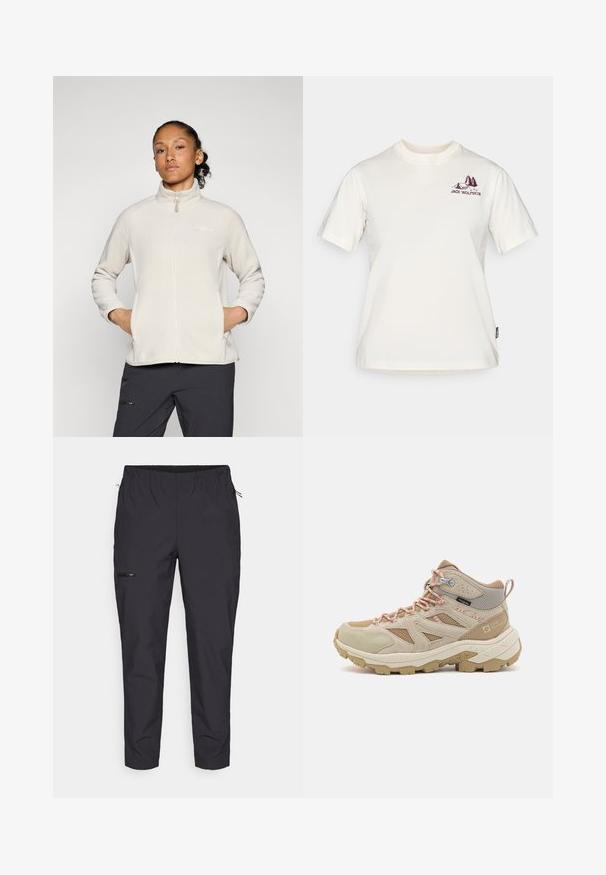 Jachetă din fleece bej deschis, cu guler înalt, fermoar complet și buzunare laterale. Textură netedă și design simplu, cu logo pe piept.; Jack Wolfskin CADENA - Tricou cu imprimeu - white; Jack Wolfskin PRELIGHT TRAIL - Pantaloni outdoor - black; Bocanci de drumeție bej, realizați din materiale de plasă și nubuc. Au sireturi portocalii, un superior texturat și o talpă robustă pentru aderență.