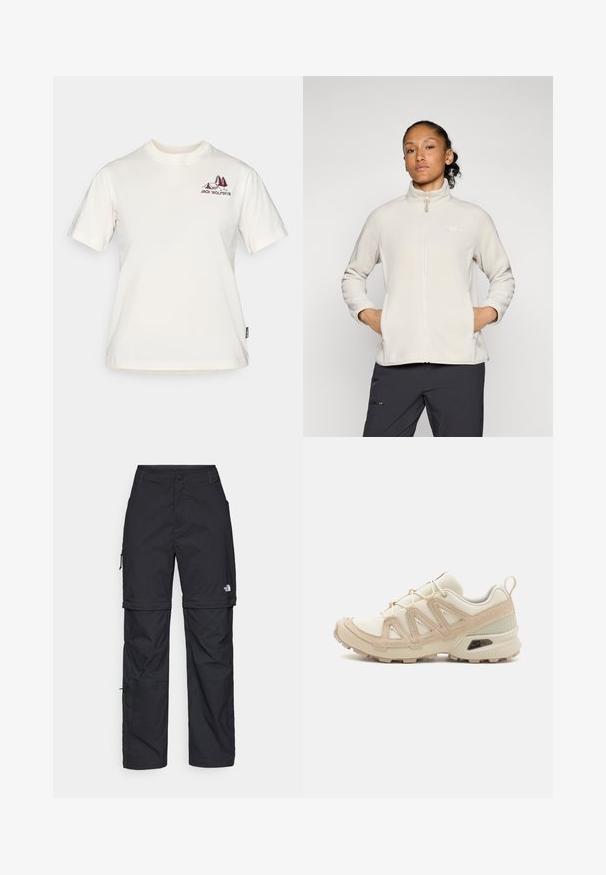 Casaco de polar bege claro com colarinho alto, fecho total e bolsos laterais. Textura suave e design simples com logotipo no peito.; Jack Wolfskin CADENA - T-shirt estampada - white; Calças cargo pretas em nylon com fechos de correr removíveis, punhos ajustáveis, múltiplos bolsos e um logótipo na perna direita. Textura suave e leve.; Sapatilha atlética beige e creme com parte superior em malha texturizada, sobreposições de suporte e sola de borracha com um padrão de cravo para tração.