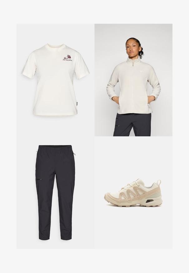 Helles beiges Fleece-Jacke mit hohem Kragen, durchgehendem Reißverschluss und seitlichen Taschen. Glatte Textur und einfaches Design mit Logo auf der Brust.; Jack Wolfskin CADENA - T-Shirt print - white; Jack Wolfskin PRELIGHT TRAIL - Outdoor-Hose - black; Beige und cremefarbenen Sportschuh mit strukturiertem Mesh-Obermaterial, unterstützenden Überzügen und Gummisohle mit einem Profilmuster für Bodenhaftung.