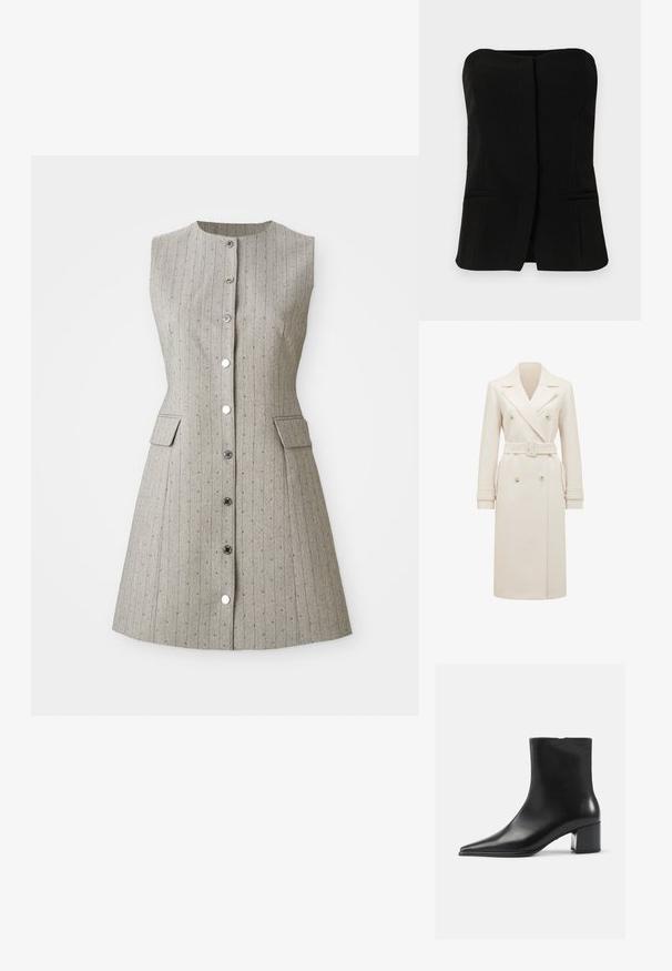 Trench coat lung cu dublă defilare, de culoare crem, cu rever larg, curea asortată, fâșii la mansete și buzunare laterale, expus pe un fundal alb.; Rochie gri fără mâneci, cu dungi verticale, decolteu rotund, închidere cu butoane pe față, două buzunare laterale și o siluetă ajustată.; Top negru, fără mâneci, cu decolteu drept, placket frontal și două buzunare laterale ascunse. Țesătură fină cu un design îmbrăcat.; Botină neagră din piele, cu vârful ascuțit, textură netedă și toc mediu bloc. Design minimalist, închidere cu fermoar la spate.