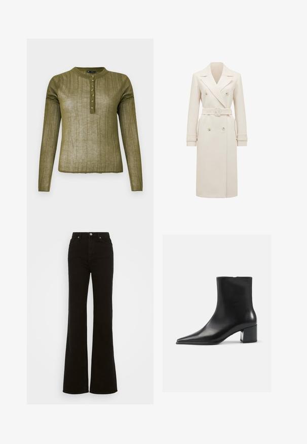 Kermanvärinen pitkä kaksoisnapitettu trenssi, jossa on leveät kaulukset, sopiva vyö, hihansuu hihnat ja sivutaskut, esitetty valkoisella taustalla.; Olivi vihreä pitkähihaine paita, jossa on röyhelötyyppinen pinta, pyöreä kaula-aukko ja seitsemän nappia edessä.; Korkeavyötäröiset mustat leveälahkeiset farkut, jotka on valmistettu denimistä. Farkuissa on nappikiinnitys, sivutaskut ja sileä pinta.; Musta nahkainen nilkkabotti, jossa on terävä kärki, sileä pinta ja keskikokoinen tukijalka. Minimalistinen muotoilu, vetoketjusuljin takana.