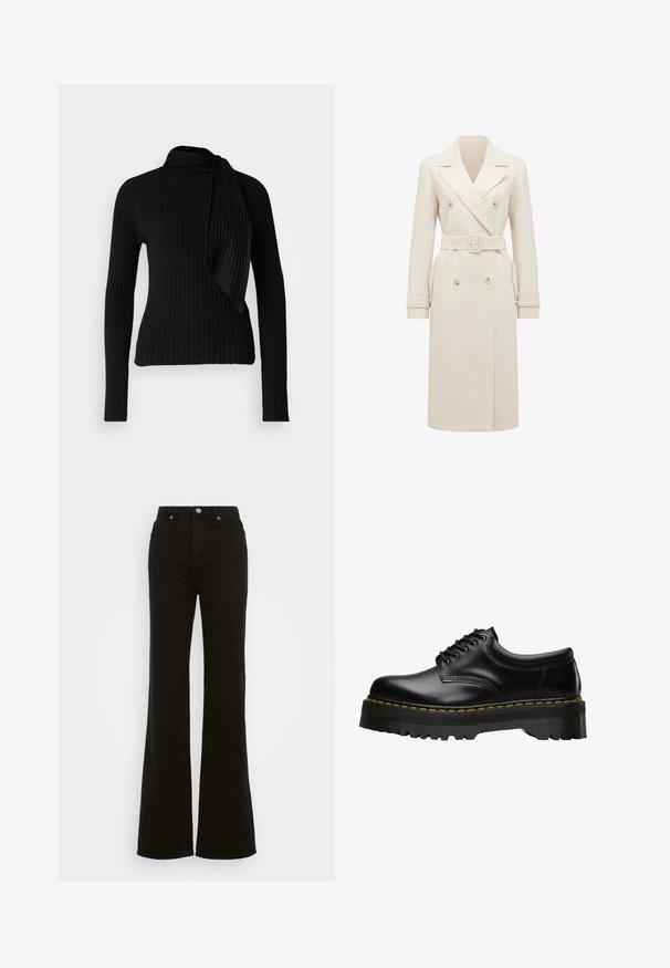 Trench-coat long en crème à double boutonnage avec larges revers, ceinture assortie, lanières aux poignets et poches latérales, présenté sur fond blanc.; Pull en maille côtelée noire avec un col montant et un détail drapé sur le côté. Manches longues, design ajusté et tissu texturé créent une allure élégante.; Jean évasé noir taille haute en denim, avec une fermeture à bouton, des poches latérales et une texture lisse.; Chaussure noire en cuir à lacets avec une semelle en caoutchouc noire épaisse et dentelée, ornée de surpiqûres jaunes le long du bord, présentant une finition lisse.