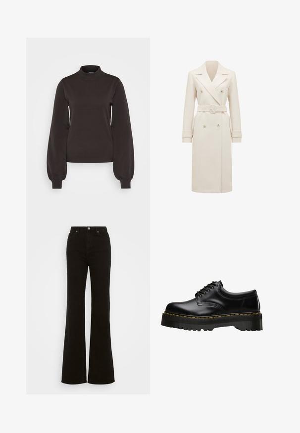 Kermanvärinen pitkä kaksoisnapitettu trenssi, jossa on leveät kaulukset, sopiva vyö, hihansuu hihnat ja sivutaskut, esitetty valkoisella taustalla.; Vero Moda Tall VMMERCURY HIGHNECK - Neule - chocolate torte; Korkeavyötäröiset mustat leveälahkeiset farkut, jotka on valmistettu denimistä. Farkuissa on nappikiinnitys, sivutaskut ja sileä pinta.; Musta nahkainen nauhalenkkiavainkengät, joissa on paksu, sahalaitainen musta kumipohja ja keltaiset tikkaukset reunassa, näyttäen sileältä.