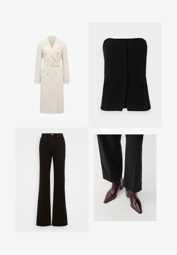 Krämfärgad lång dubbelknäppt trenchcoat med breda slag, matchande bälte, manschetter med remmar och sidofickor, uppvisad mot en vit bakgrund.; Svart, ärmlös topp med rak halsringning, framknäppning och två dolda sidofickor. Slät tyg med skräddarsydd design.; Höga svarta utsvängda jeans i denim, med knappstängning, sidfickor och en slät yta.; Burgundy patenterade läderstövlar med spetsig tå, kraftig klack och texturerad yta, kombinerade med svarta vida byxor.