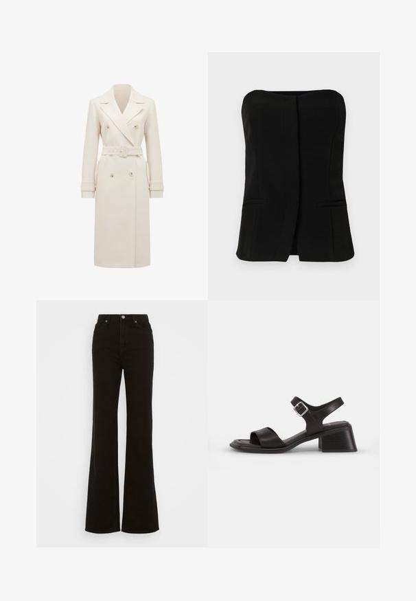 Kreemivärvi pikk mantli pikkus, kahekordse nööbistusega, laiade kraedega, sobiva vöödiga, käiste rihmadega ja küljetaskutega, esitledud valgel taustal.; Must mustata, tanpa varrukatega tipp, sirge kaelustega, eesnööbiga ja kahe peidetud küljetaskuga. Sile kangas ja kohandatud disain.; Kõrge talje ja mustad laiad teksad, mis on valmistatud denimist, neil on nupuga sulgur, küljetaskud ja sile tekstuur.; Must on musta nahast sandaal avatud varbaga, lai rihm üle jala ja pahkluuri rihm hõbedase klambriga. Ploki kontsidesain.