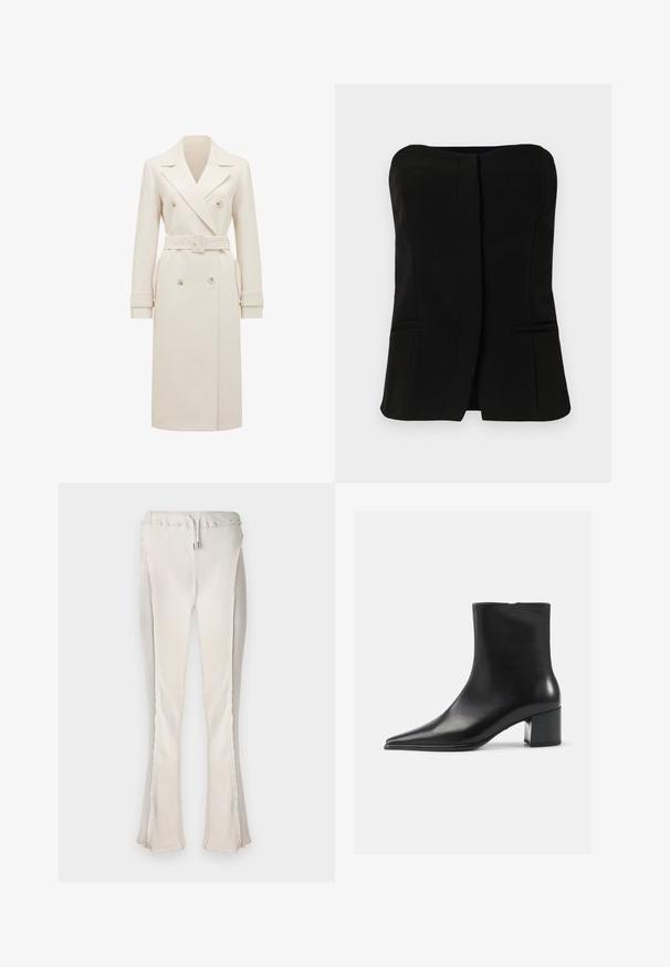 Crème-kleurige lange dubbelgebreide trenchcoat met brede revers, bijpassende riem, manchetbanden en zijzakken, weergegeven op een witte achtergrond.; Zwarte mouwloze top met een rechte halslijn, een voorpand met knopen en twee verborgen zijzakken. Glad fabric met een getailleerd ontwerp.; Lichtbeige flared broeken met ribbelstructuur, voorzien van een trekkoord in de taille en ruwe randen langs de zijnaad en de zoom.; Zwarte leren enkellaars met een spitse neus, een soepele textuur en een middenblokhak. Minimalistisch ontwerp, ritssluiting aan de achterkant.